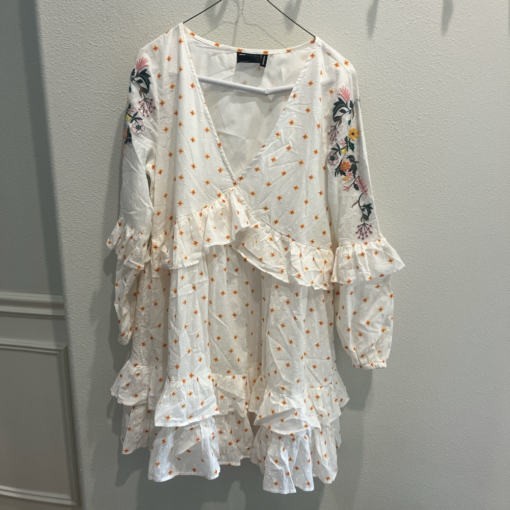ASOS Floral Ruffle Mini Dress in White and Orange